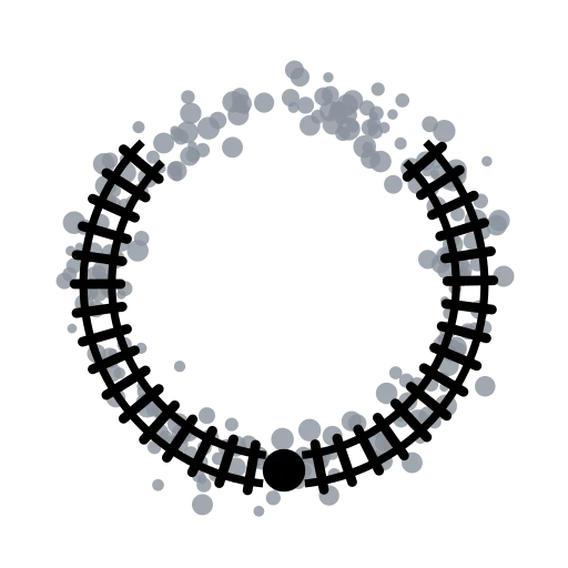 The trackstream logo: a ring of grey stars, a circular stellar stream, with a black railway track laid along three quarters of it, broken at the bottom by a dark progenitor.
